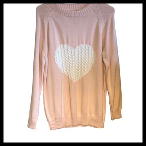 Pink Long Sleeve Sweater with White Cable Knit Heart Front Size 1L